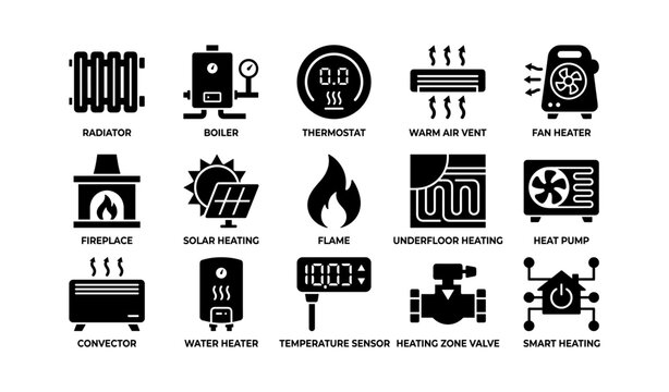 Home heating icons: radiator, boiler, thermostat, underfloor heating, heat pump