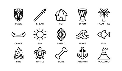 Fototapeta premium Tribal symbols: mask, spear, drum, canoe, and more in line art