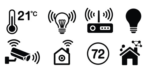Fototapeta premium Smart home technology icons, including temperature control, security camera, and wireless connectivity symbols, representing home automation, IoT devices, and connected living concepts, minimal flat 