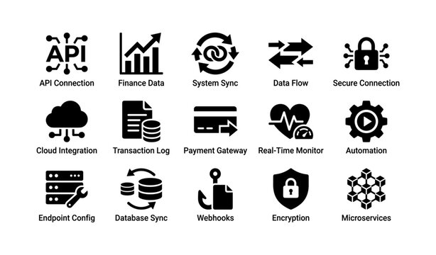 Tech icons: api, finance, data flow, security, automation