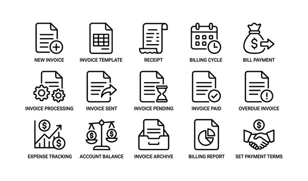 Icons for invoicing, billing, and payment management process