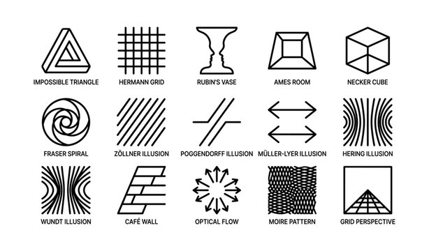 Collection of optical illusions featuring geometric shapes and visual phenomena