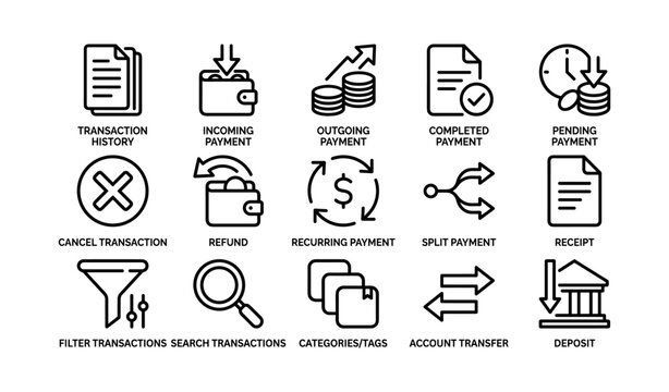 Financial transaction icon set: payment, refund, split, account, deposit