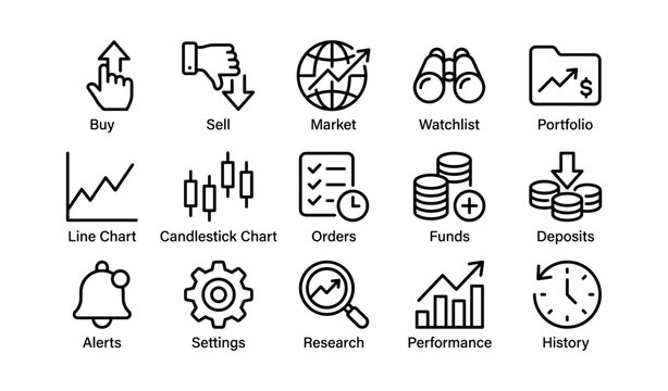 Financial icons set: market, trading, portfolio, analysis, management
