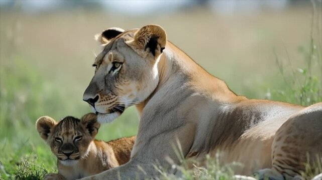 Lioness resting with her cub in the savanna. Mother lion and baby feline lying in tall grass. Wildlife nature scene showing family bond in the wild habitat.