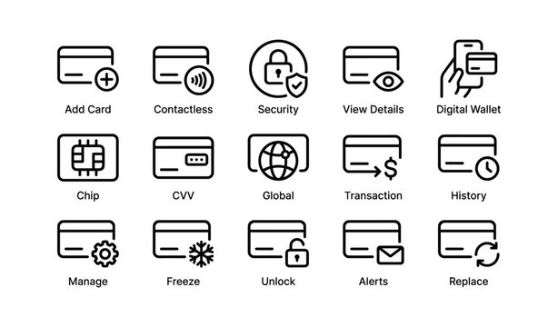 Digital wallet and security icons for contactless transactions and card management