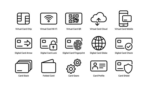 Digital card icons: unlocking, wi-fi, qr, security, cloud, mobile, global connectivity