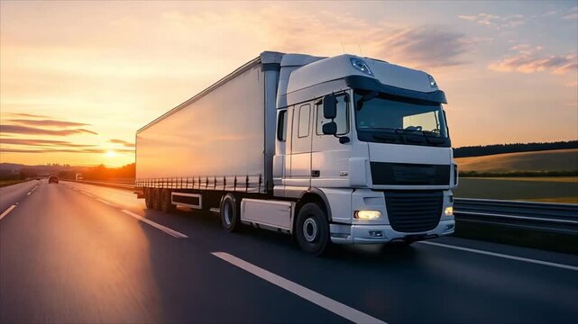 White semi truck driving on highway at sunset. Cargo delivery vehicle moves along road during golden hour. Transportation logistics and freight shipping concept.