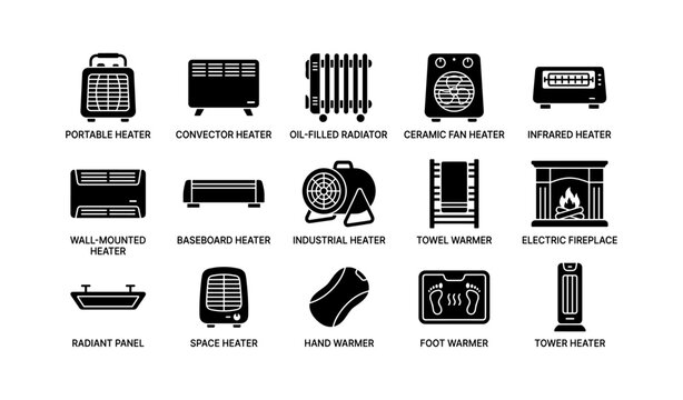 Types of heaters: portable, convector, oil-filled, ceramic, infrared, wall-mounted, baseboard, industrial, towel, electric fireplace, radiant, space, hand, foot, tower