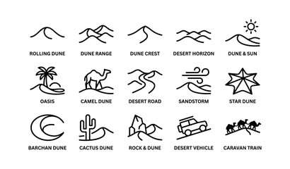 Obraz premium Desert icons collection featuring dunes, camels, and cacti
