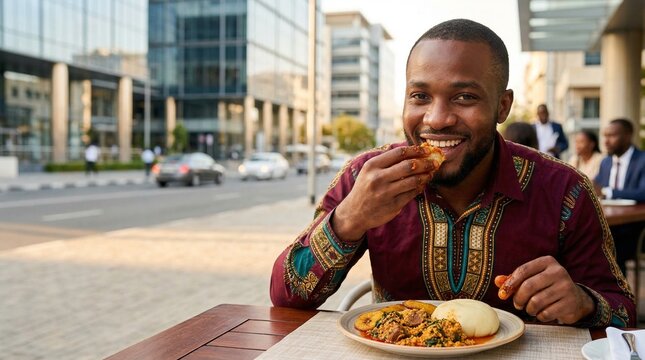 African man eating traditional fufu with vegetable soup in outdoor restaurant. Smiling male enjoying authentic meal at city cafe. Cultural lifestyle and culinary experience concept.
