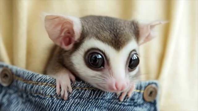 Small sugar glider peering out from a denim overall pocket. Tiny marsupial resting inside clothing. Cute exotic pet looking at camera, wildlife and animal concept.