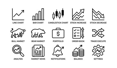 Fototapeta premium Financial icons set: line, bar, candlestick charts, bull and bear markets, portfolio, analysis