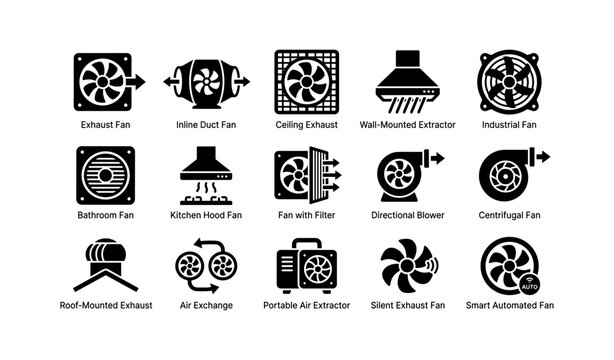 Set of various industrial and home exhaust fan icons