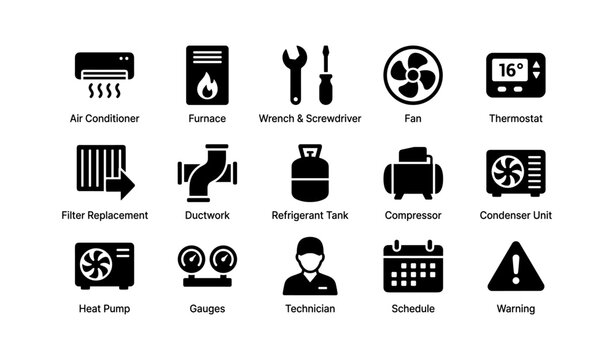 Hvac system icons: tools, equipment, and technician silhouettes