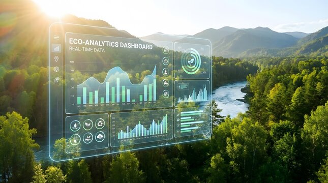 Eco analytics holographic dashboard over natural landscape showing environmental data