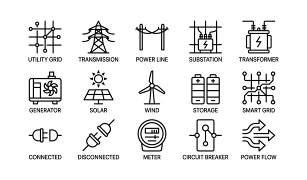 Utility grid icons including solar, wind, meter, and smart grid elements