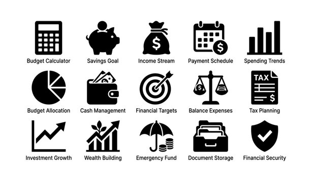 Financial planning icon set: budget calculator, savings goal, income stream, payment schedule, investment growth