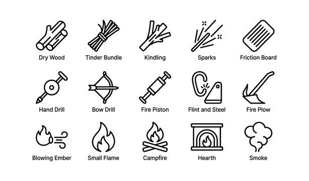 Primitive fire starting tools and techniques symbols set