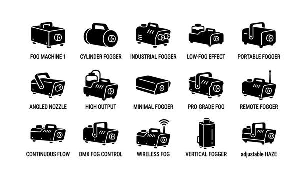 Collection of various fog machines: industrial, portable, wireless, vertical, remote control