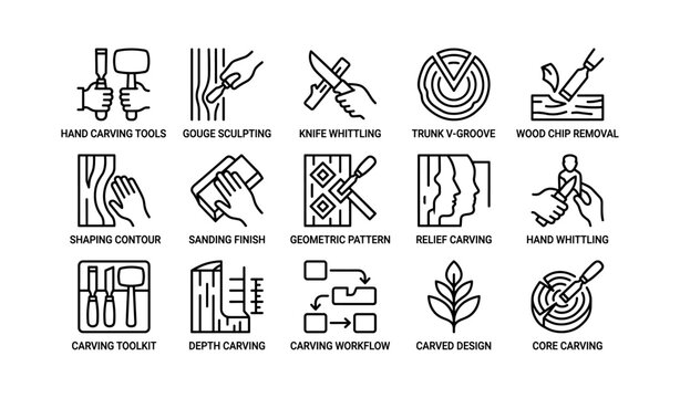 Wood carving techniques and tools illustrated in icon set