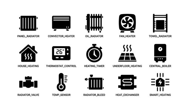 Home heating icons: radiator, heater, thermostat, boiler, valve, sensor