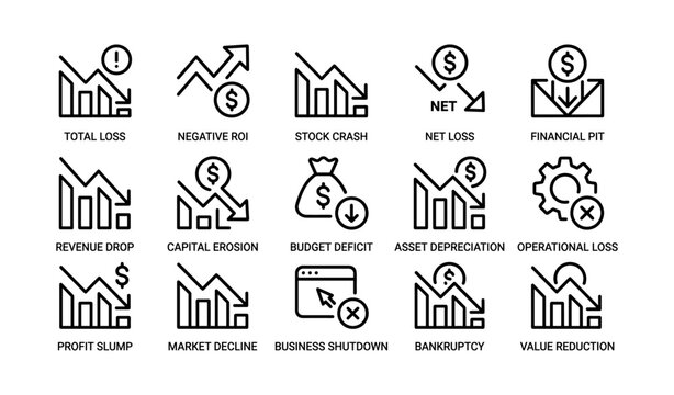 Financial crisis icons set: market decline, budget deficit, bankruptcy, asset depreciation, revenue drop