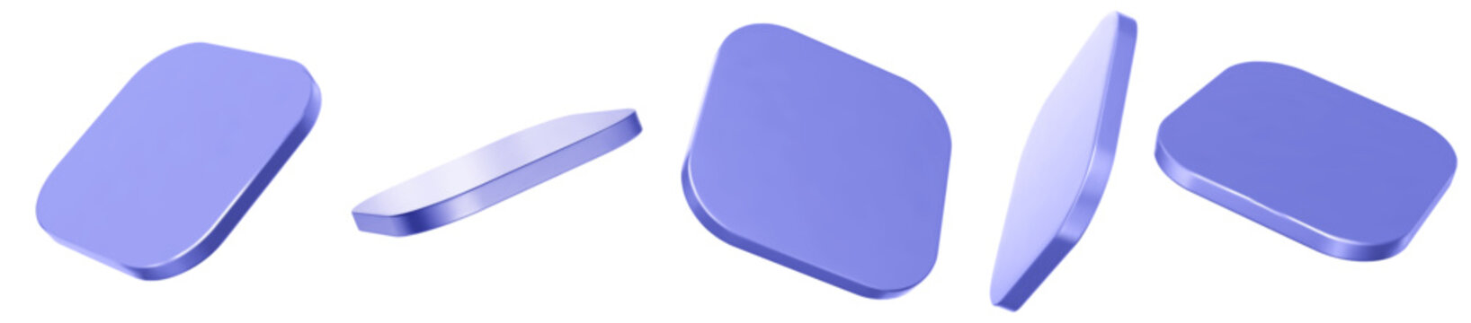 3d blue rectangle disk with rounded angles, podium or shape element with different angles. Set of square figures. Metal abstract element. Stock vector illustration on isolated background.