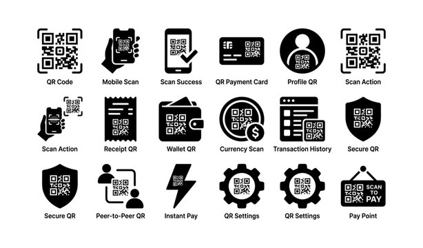 Diverse qr code icons for mobile wallet, payment, and security actions