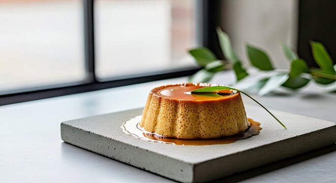 Urban Chic Flan Minimalist Dessert on a Concrete Slab With Greenery