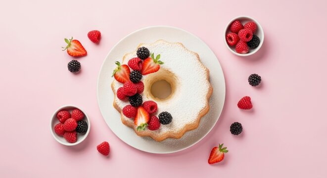 Vibrant Angel Cake With Berry Toppings, Modern Minimalist Celebration Dessert