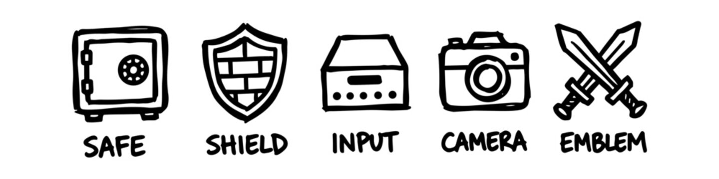 Hand-drawn sketchy icon set featuring a safe, shield, input box, camera, and crossed swords emblem. Minimalist black line art on white background for security and tech interface design.