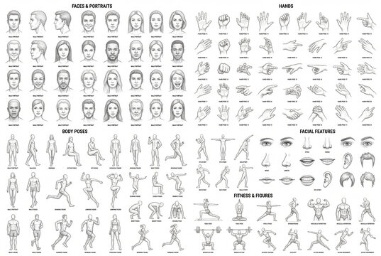 huge mega bundle of realistic pencil sketches, including human hands in multiple gestures, facial expressions, full body poses, athletic figures, eyes, noses, lips, different angles and variations, hi