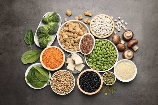 Different vegan products on grey table, flat lay. Source of protein