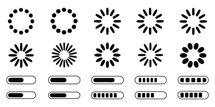 Loading icon set, load circles, progress bars, download/upload icons, and waiting indicators, representing data processing and system activity, simple flat vector design, isolated on white.