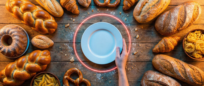 Z&ouml;liakie-Konzept &ndash; Leerer Teller im Glutenkreis umgeben von Backwaren