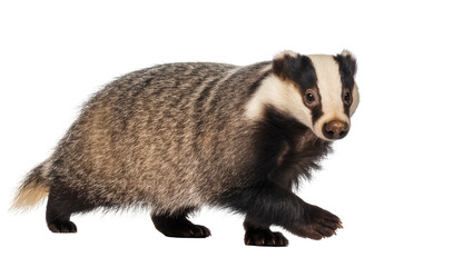 European badger with gray fur and black stripes looking forward, isolated on transparent background © Miguel