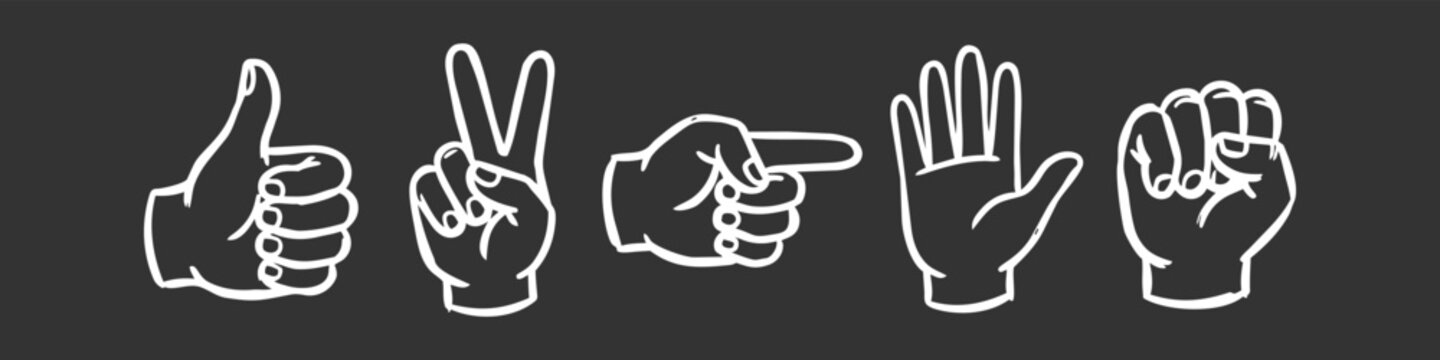 Hand-drawn collection of common hand gestures including thumbs up, peace sign, pointing, open palm, and fist, presented in a minimalist white outline style on a dark background.