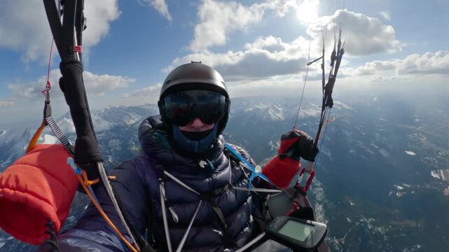 Selfie of Paraglider Flying High Above Alps Mountains, Paragliding Freedom