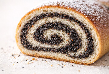Fototapeta premium Close-up of a poppy seed roll slice showing detailed texture of filling and soft dough, topped with powdered sugar. Macro food photography highlighting freshness and delicious pastry details.