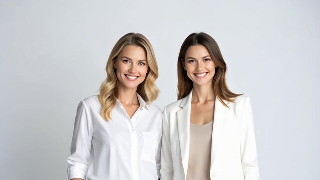 Two professional women posing side by side in studio expressing elegance teamwork and contemporary corporate lifestyle