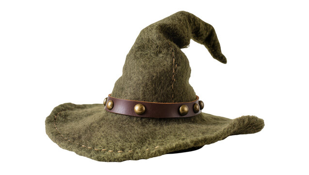 Olive green felt witch hat with brown leather band and brass studs, isolated on transparent background