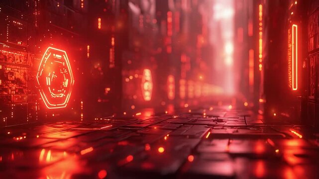 Red neon futuristic digital city with glowing symbols representing cyber security data flow and technology concept