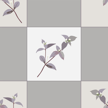 Vector seamless floral pattern for kitchen tablecloth design: purple Alternanthera brasiliensis twig on checkered background.