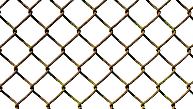 Rusty brown chain link fence with green moss growth, intricately patterned isolated on transparent background
