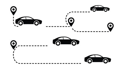 Fototapeta premium Cars with dashed lines and location pins, representing routes and travel points, navigation and journey concept, map and transportation illustration, minimal flat design, vector graphic on white 