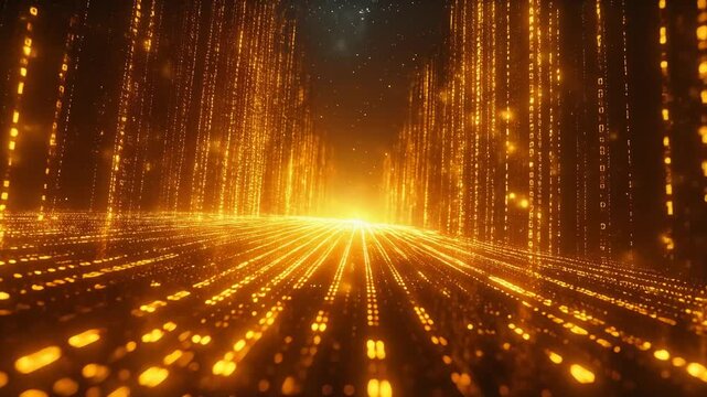 Bright golden data pathway extending forward illustrating digital transformation and futuristic technology environment