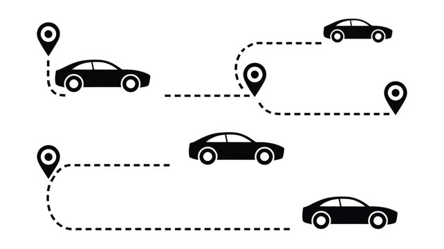 Cars with dashed lines and location pins, representing routes and travel points, navigation and journey concept, map and transportation illustration, minimal flat design, vector graphic on white 