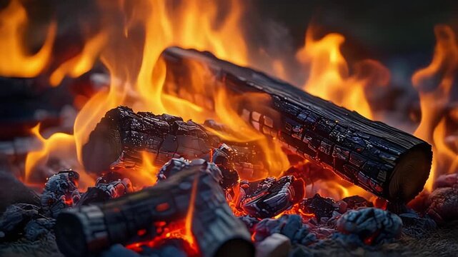 Close view of glowing firewood and flames representing warmth rustic atmosphere and natural energy
