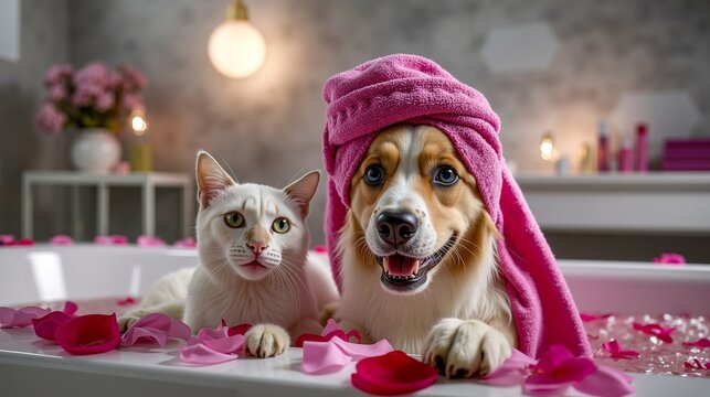 A dog and a cat in a bathtub with a pink towel on their heads